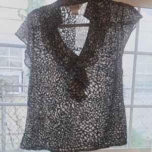 Allison Taylor Women's Black and White Ruffled V-Neck Sheer Blouse, Size: M